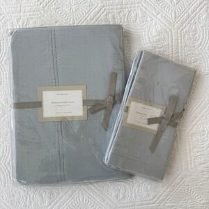Williams Sonoma Hemstitched Linen Tablecloth 70x70 & 4 Napkins Set Pale Blue NWT